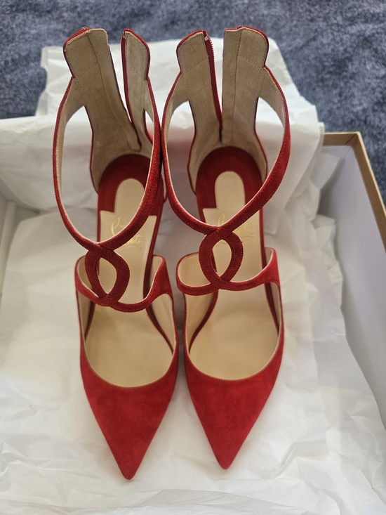 Christian Louboutin Shoes - Christian Louboutin Red Suede Pointed-Toe Heels with Decorative Ankle Straps